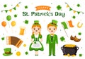 Happy St Patricks Day Illustration with Kids, Golden Coins, Green Hat, Leprechauns and Shamrock in Flat Cartoon Hand Drawn