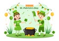 Happy St Patricks Day Illustration with Kids, Golden Coins, Green Hat, Leprechauns and Shamrock in Flat Cartoon Hand Drawn