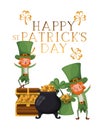 happy st patricks day label with leprechauns character