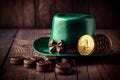 Happy St Patricks Day leprechaun hat with gold chocolate coins on vintage style green wood background, AI Generated Royalty Free Stock Photo