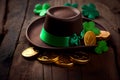 Happy St Patricks Day leprechaun hat with gold chocolate coins on vintage style green wood background, AI Generated Royalty Free Stock Photo