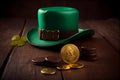 Happy St Patricks Day leprechaun hat with gold chocolate coins on vintage style green wood background, AI Generated Royalty Free Stock Photo