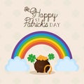 happy st patricks day lettering, rainbow with two clouds and pot full of gold coins Royalty Free Stock Photo