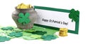 Happy St Patricks day message with leprechauns pot of gold