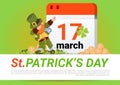 Happy St. Patricks Day Poster Green Leprechaun Over Calendar With 17 March