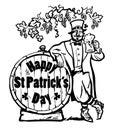 Happy St Patricks Day poster. Leprechaun character holding beer mug leaning on barrel with text under the branches of