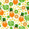 Seamless pattern with donuts, leprechaun, horseshoe, gold and clever.