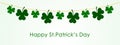 happy st patricks day social greetings card with clover leaf garland, march 17, panoramic vector illustration