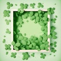 Happy St Patricks Day or spring holiday banner. White frame with variety of shamrock, clover leaves flying around. Top