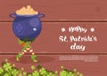 Happy St. Patricks Day Template Background Leprechaun Man Hold Big Pot With Golden Coins Royalty Free Stock Photo