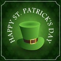 Happy St. Patricks Day text on green background with clover leaves, Leprechauns hat square banner or social media post layout