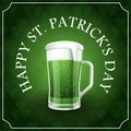 Happy St. Patricks Day text on green background with clover leaves, mug of green beer square banner or social network post templat