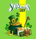 Happy St. Patricks Day text greeting card. Patrick`s accessories festive composition. Pot of gold, green hat, clover leaf, horses Royalty Free Stock Photo