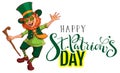 Happy St.Patricks Day text greeting card. Red funny leprechaun gaily dances