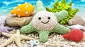 Happy starfish toy on beach with seashells, ocean background Royalty Free Stock Photo
