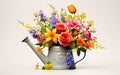 Happy start of spring poster. Beautiful garden flowers in aluminium watering can isolated on off white background. Watering pot Royalty Free Stock Photo