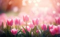 Happy start of spring poster. Beautiful photorealistic pink tulip flowers close up on nice blurred background. Spring flowers