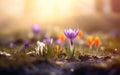 Happy start of spring poster. Beautiful photorealistic purple crocus close up on warm blurred background. Spring flowers