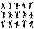 Happy stick figure man dancing hands up different poses vector icon set. Stickman enjoying, jumping, having fun, party pictogram