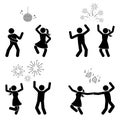 Happy stick figure man and woman dancing hands up night club fireworks vector icon set. Stickman enjoying, jumping, fun, party Royalty Free Stock Photo