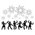 Happy stick figure man and woman dancing hands up night club fireworks vector icon set. Stickman enjoying, jumping, fun, party Royalty Free Stock Photo