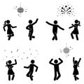 Happy stick figure man and woman dancing at night club, watching fireworks vector icon set. Stickman enjoying, jumping, fun, party