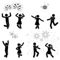 Happy stick figure man and woman dancing at nightclub, disco ball, watching fireworks vector icon set. Stickman jumping fun party