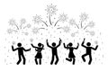 Happy stick figure man woman jumping, drinking champagne, celebrating New Year, dancing hands up, night party, watching fireworks Royalty Free Stock Photo