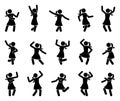 Happy stick figure woman dancing hands up different poses vector icon set. Stickman girl enjoying, jumping, having fun, party Royalty Free Stock Photo