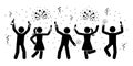 Happy stick figures celebrating New Year night icon. Men and women firework, serpentine, sparkler pictogram.