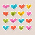 Happy sticker hearts. Cute cartoon characters. Bright set of heart icons. Creative hand drawn characters with different emotions Royalty Free Stock Photo