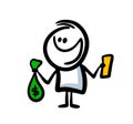 Happy stickman character with the bag of money and new smartphone in his hands.