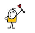 Happy stickman holds a key in shape of heart as a romantic gift.