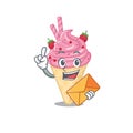 Happy strawberry ice cream mascot design concept with brown envelope