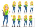 Happy student with backpack. Beautiful female cartoon character, set of nine poses.