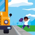 Happy student black boy in the school bus stop scene Royalty Free Stock Photo