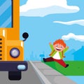 Happy student boy in the school bus stop scene Royalty Free Stock Photo