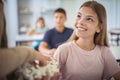 She is happy student on class of biology Royalty Free Stock Photo