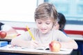 Happy student at elementary school writing on his exercise book Royalty Free Stock Photo