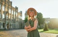 Happy student girl with laptop in campus. Studying abroad Royalty Free Stock Photo