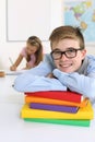 Happy student in his classroom Royalty Free Stock Photo