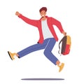 Happy Student Jump with Rucksack in Hand Isolated on White Background. Teenager Pupil Character Jumping. Back to School Royalty Free Stock Photo