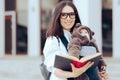 Happy Student Mom Holding a Book and Baby in Sling