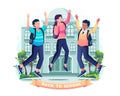 Happy students with backpacks are jumping in front of the school building. Schoolboy and schoolgirl are greeting each other Royalty Free Stock Photo