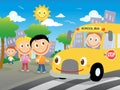 Happy children are going to catch the school bus. Vector cartoon illustration Royalty Free Stock Photo