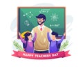Happy students congratulate their teacher on teacher's day. vector illustration