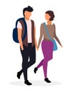 Happy students couple flat vector illustration. Teenage schoolboy and schoolgirl holding hands characters. Boyfriend and