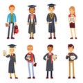 Happy students and graduates young learning people vector characters