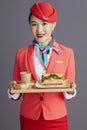 happy stylish asian female air hostess against gray background Royalty Free Stock Photo