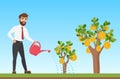 Happy Stylish Businessman Watering A Money Tree Cartoon Vector Illustration.